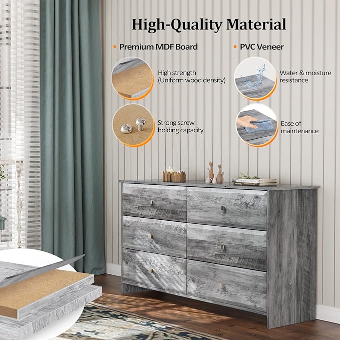 VINGLI Gray Dresser 6 Drawer, 54" Long Dresser for Bedroom, Wood Chest of Drawers with Textured Drawer Fronts, Rustic Grey Dressers Chest, 14.5" D x 53.9" W x 29.1" H