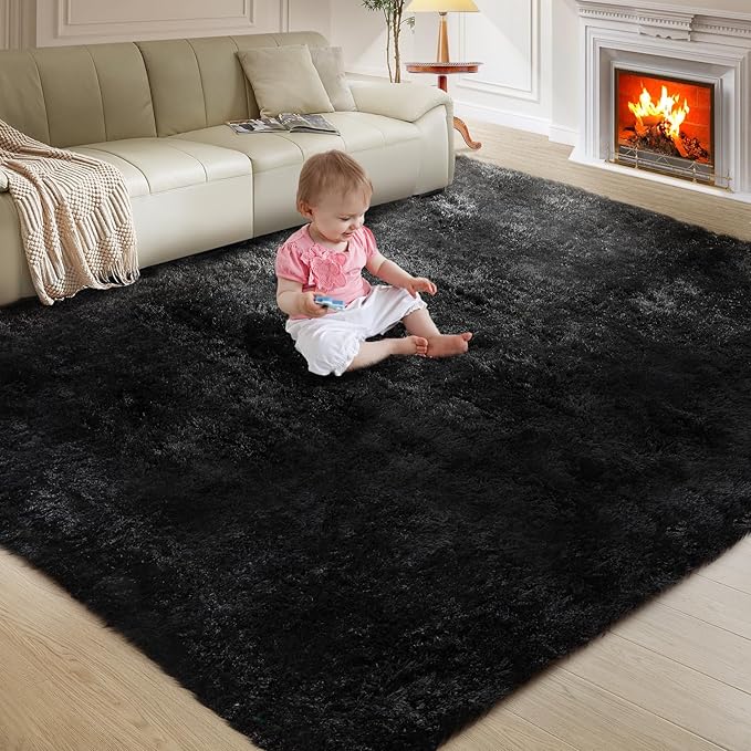 Ultra Soft Rug for Living Room, 8X10 Fluffy Shag Area Rug for Bedroom, Modern Shaggy Carpets Fuzzy Rug for Teens Dorm Nursery Home Decor Aesthetic, Upgrade Anti-Skid Durable, Black
