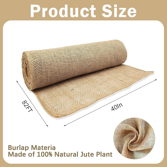 40InX82FT Burlap Rolls Multipurpose Jute Burlap Fabric for Garden Tree Wrap Outdoor Weed Barrier Protection for Plant Shrubs DIY Craft Projects and Party Decor