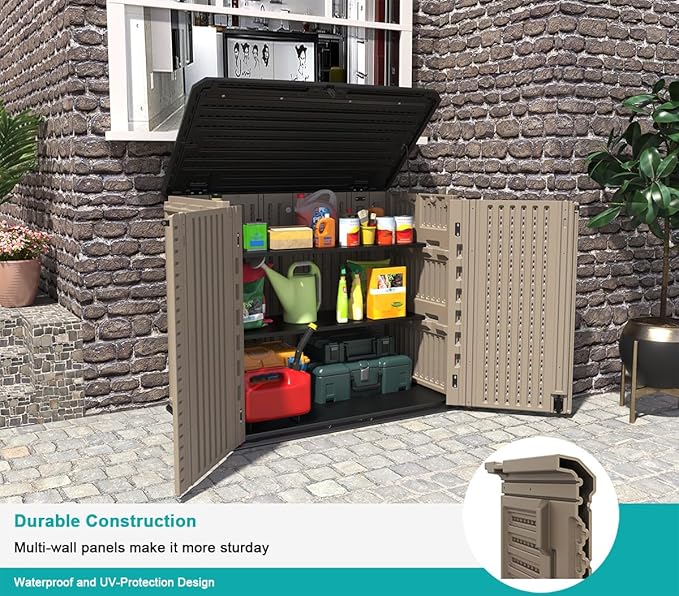 KINYING Outdoor Storage Shed - Horizontal Storage Cabinet Waterproof for Garden, Patio, Backyard, Storage Box for Easy Storage of Garbage Cans, Tools, Lawn Mower, 26 Cubic Feet,Dark Brown