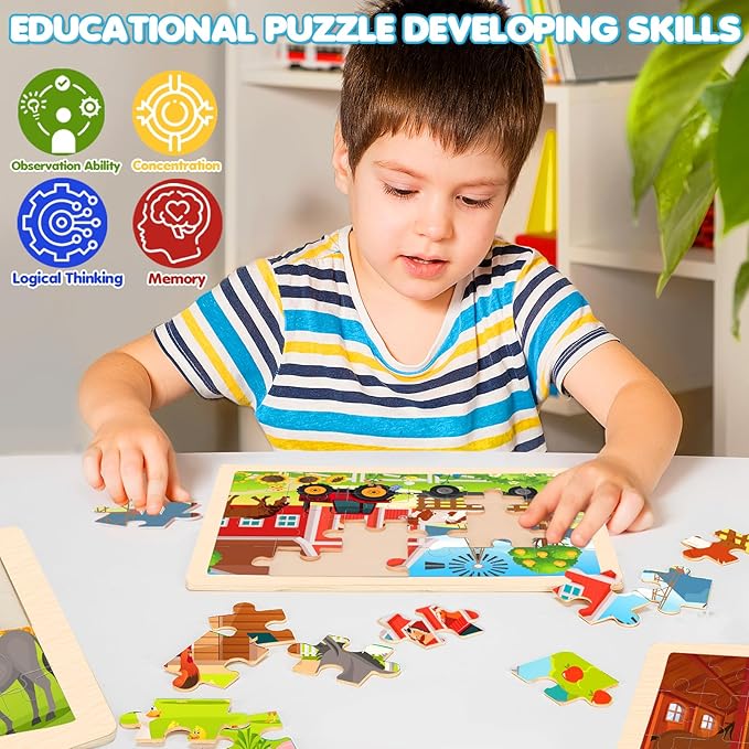 4-in-1 Farm Wooden Puzzles for Kids Ages 4-6, 24 PCS Wooden Jigsaw Puzzles for Toddlers Ages 2-4, Preschool Educational Puzzles Boards Toys Gifts for 3 4 5 6 Boys Girls