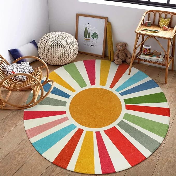 STARUIA Round Boho Rug 6 Ft Washable Round Area Rug for Playroom, Sunshine Circle Rug for Kids Room, Non-Slip Circluar Rainbow Carpet Soft Large Kids Rug for Classroom Dorm Bedroom