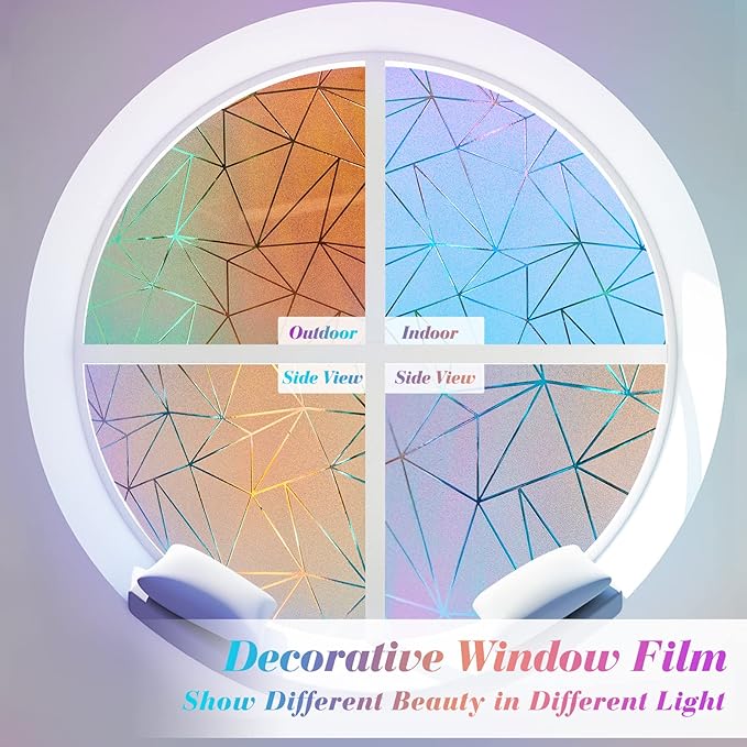 Coavas Rainbow Window Privacy Film, Frosted Glass Static Cling, Decorative for Bathroom Door, UV Blocking Window Cling, Non-Adhesive Vinyl Sticker, Day and Night Windows Tint for Home,23.6x118.1 inch