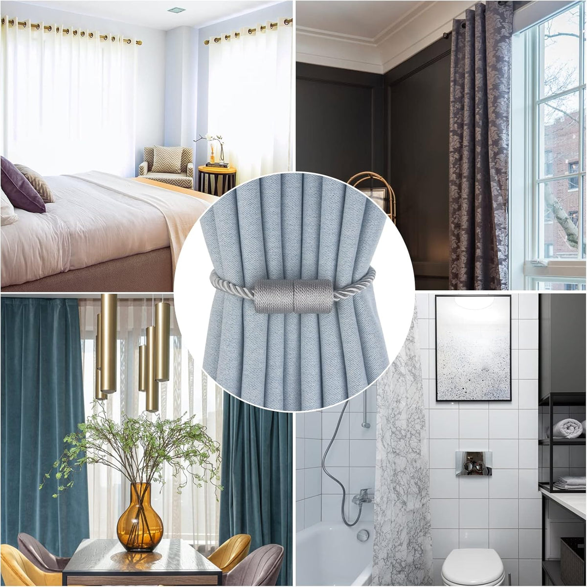 Magnetic Curtain Tiebacks 2 Pack Grey Curtain Rope Tieback Curtain Holders for Drapes Modern Tie Backs Decorative Curtain Holdbacks