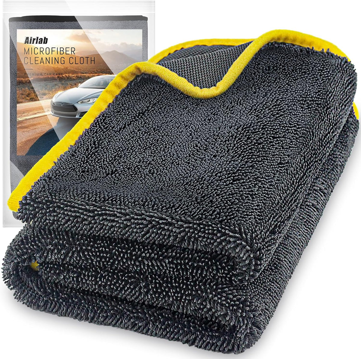 Airlab Microfiber Towels for Cars Wash Drying Extra Large Super Absorbent Cleaning Cloth Auto Detailing Ultra Soft, Lint-Free, Streak-Free, 35 x 24 Inch, Pack of 1, Grey-Yellow, 600 GSM