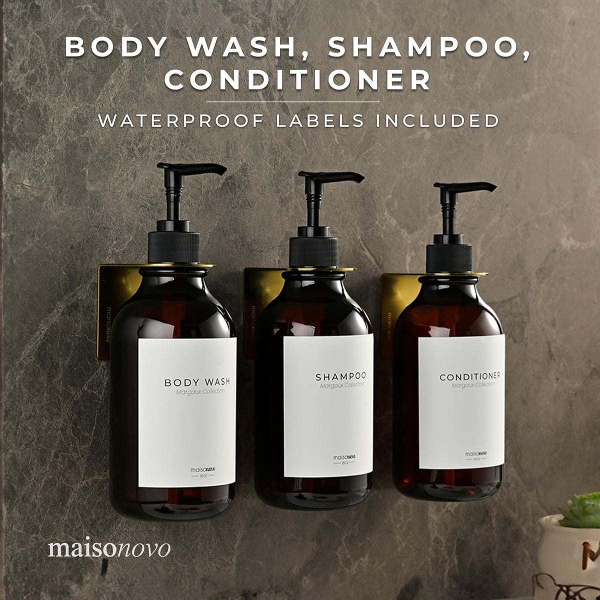 MaisoNovo Shampoo and Conditioner Dispenser - Shower Soap Dispenser Wall Mounted - 16.9 fl oz Set of 3 Amber Plastic Bottles Black Pump - 3 Chamber No Drill