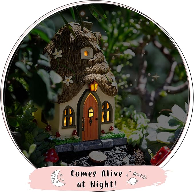 WILD PIXY Fairy Garden House - Glow in The Dark Fairy Cottage with Opening Door and Solar LED Light, Beautiful Miniature Garden Decoration for Indoor or Outdoor Fairy Gardens - 7.1" Fairy House