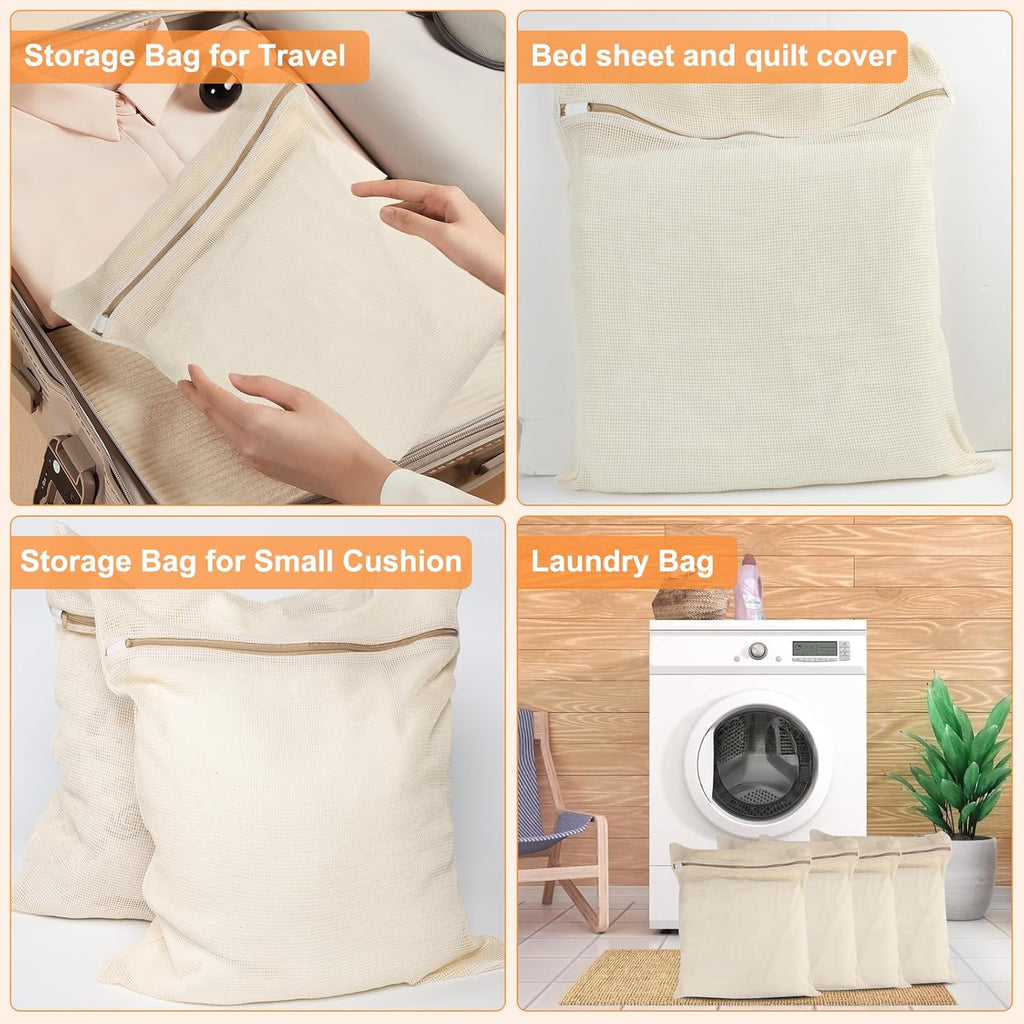 4-Piece Large Durable Organic Cotton Mesh Laundry Bags with Sturdy Zippers and Breathable Mesh are Delicate Laundry Bags for Underwear, Clothes, Pants and Socks
