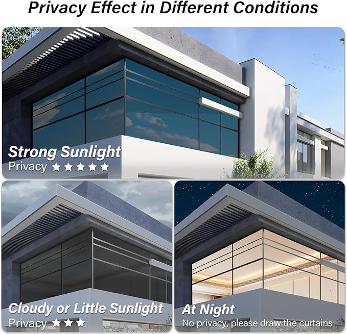 Kromapolis One Way Window Privacy Film Reflective Mirror Home Window Tint, Daytime Privacy Heat Control Anti UV Glass Tinting Static Cling (Black-Silver, 23.6 x 78.7 inch)