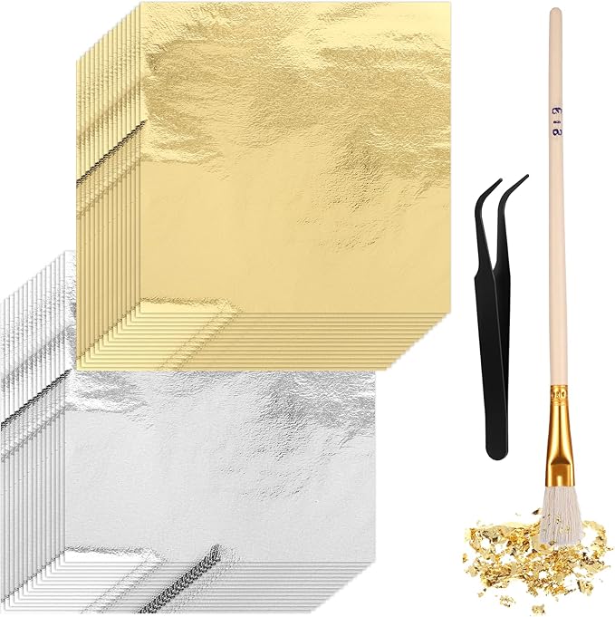 100 Pcs 5.5" X 5.5" Gold Leaf Sheets for Art Foil Paper, Gold & Silver Foils Sheets, Foil Paper Art Foils Sheet for Resin Gilding Crafting Nails Furniture Home Decor with Tweezer & Brush