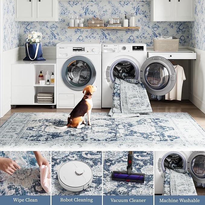 jinchan 10x12 Area Rugs for Living Room - Machine Washable Vintage Floral Distressed Design Stain Resistant Carpet Low Pile Non-Slip Large Rug for Bedroom Dining Room Home Office (10‘x12',Dark Blue)