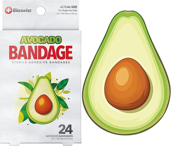 BioSwiss Bandages, Avocado Shaped Self Adhesive Bandage, Latex Free Sterile Wound Care, Fun First Aid Kit Supplies for Kids, 24 Count