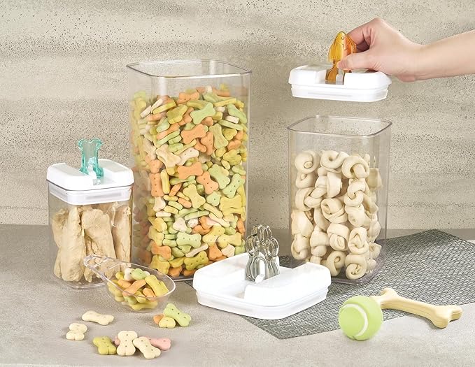 Felli Flip Tite Pet Food Container with Airtight Lids, BPA FREE Acrylic Canister with Paw Bone Fish Flip Top Handles for Cat Dog Kibble Treats Storage, Keep Fresh (Pet Collection Nest-L3pk)
