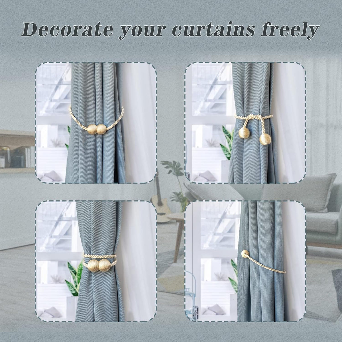 Hion Magnetic Curtain Tiebacks Beige 4 Pack, Curtain Tiebacks Buckles Holdbacks Holders Hooks Clip for Home Bedroom Office Decorative Thick or Thin Curtain