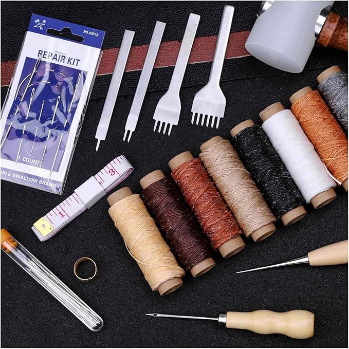 Cridoz 35 Pcs Leather Pouch Kit with Hole Punch, Sewing Tools, Waxed Thread and Large-Eye Stitching Needles for Beginner Crafting Projects