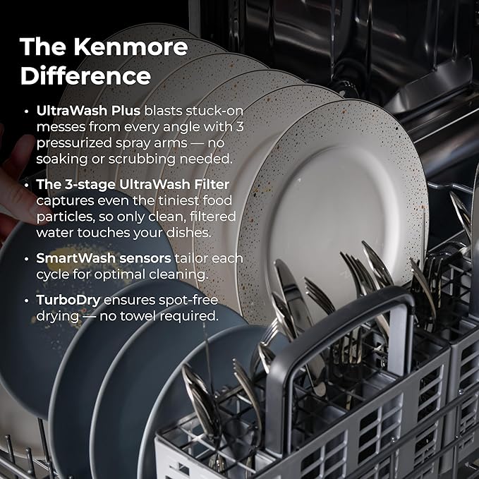 Kenmore 22-14629 24" Built-in Dishwasher-Quiet Tub with TurboDry, Leak, & SmartWash Soil Detection-15 Place Settings-49 DBA-Energy Star Certified, 24.61"D x 23.55"W x 33.88"H, Black