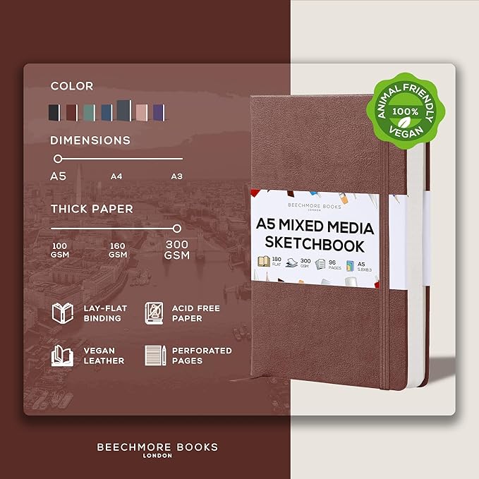 Beechmore Books A5 Sketch Book – 5.8"x8.3" Premium Vegan Leather Hardcover Sketchbook, 96 Thick 300gsm Perforated Ivory Pages, Ideal for Sketching, Watercolor & Mixed Media, Includes Back Pocket