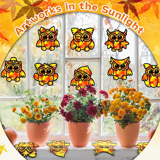 QOUBAI 32 Sets Fall Owl Suncatchers Craft Kit DIY Window Stained Glass Effect Autumn Owl Paper Crafts Home School Classroom Decoration Kid Birthday Gift Creative Art Project Activity Game