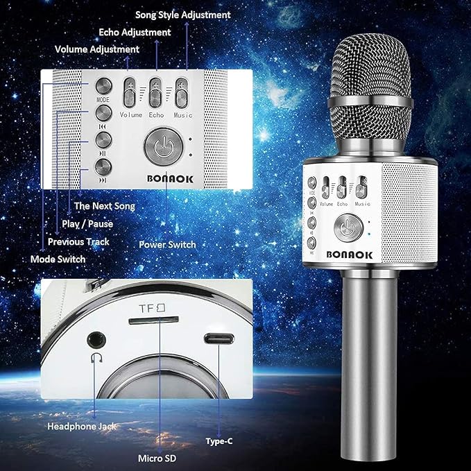 BONAOK Wireless Bluetooth Karaoke Microphone,3-in-1 Portable Handheld Karaoke Mic Speaker Machine Home Party Birthday for All Smartphones Q37 (Space Gray)