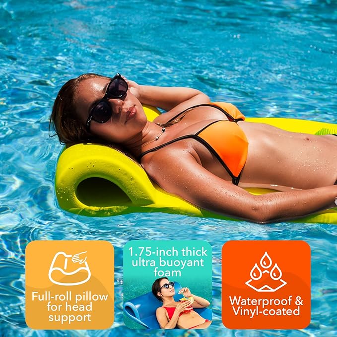 TRC Recreation Sunsation Vinyl Coated Foam Swimming Pool Float Mat Adult Lounger with Built-in Roll Pillow