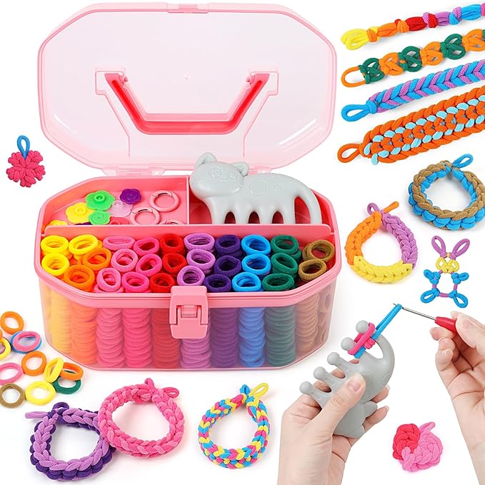 FUNiOi Kids Art and Craft Kit, Rubber Band Bracelet Make Toy, Cat Weaving Comb, 1000+ Colorful Hair Ties, DIY, Organizer Case, Gift for Girls 7-12 Years