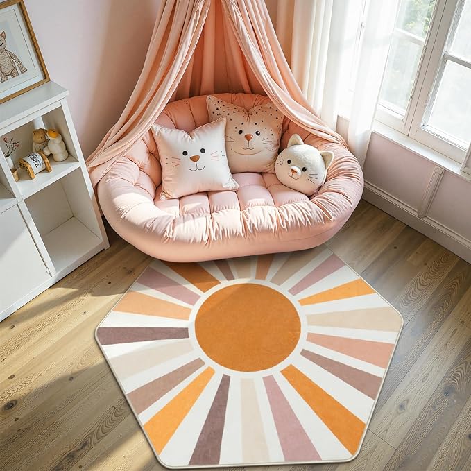 STARUIA Boho Washable Hexagon Rainbow Nursery Rug for Princess Tent Kids Play Castle, 4.6ft Colorful Sun for Kids Play Room, Ultra Soft Carpet for Girls Boys Room Playhouse Classroom Dorm Home Decor