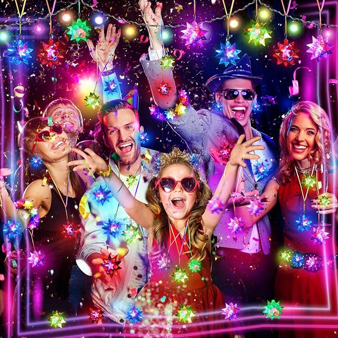 HONLYNE24 PCS Flashing Crystal Star Necklaces, Glow Necklaces Bulk Light up Party Favors, LED Glow in The Dark Necklaces for Kids Adults Birthday Glow Party Rave Halloween Goodie Bags Filler