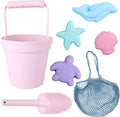 BLUE GINKGO Silicone Beach Toys - Modern Travel Friendly Set | Bucket, Shovel, 4 Sand Molds, Beach Bag | Sand Toys for Toddlers, Kids - Pink