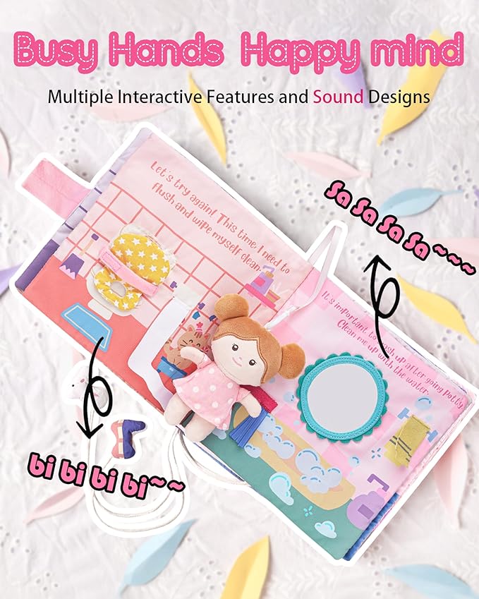 Interactive Sensory Soft Cloth Book, Educational Crinkle Quiet Activity Busy Book for Babies,Toddler Travel Toy Gift for Boys and Girls (Hello Potty)