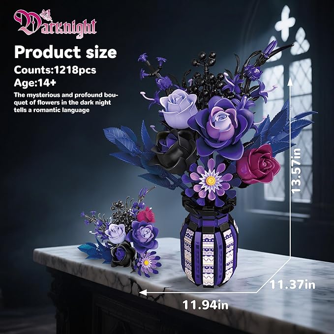 Flowers Bouquet Building Set Roses Purple Compatible with Lego Botanical Collection Gothic for Women Adults Girls 14+ Home Office Decor