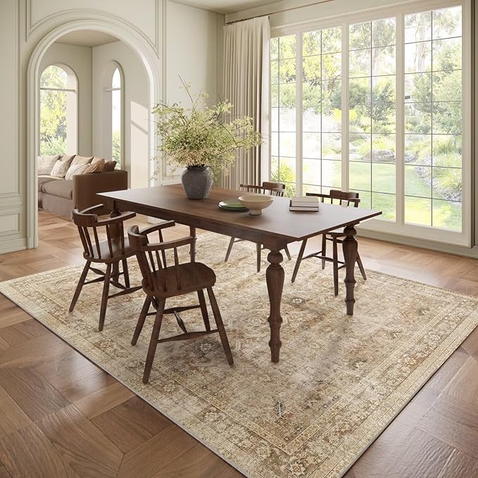 Washable 6x9 Area Rugs for Living Room, Boho Non-Slip Silicone Backing Large Rugs for Bedroom Dining Room Nursery Office, 0.3" Neutral Oriental Throw Carpet with 0.16" Cushioning Pad, Brown/Multi