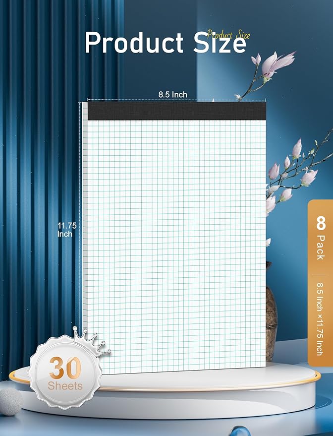 Graph Paper Pads 8.5 x 11, 8 Pack, 4x4 Quad Grid Paper Pad 8-1/2" x 11", White Quadrille Pad, Easy Tears Off Design, Grid Notebook 8-1/2 x 11, White 70 GSM Graft Paper, 30 Sheets/Pad