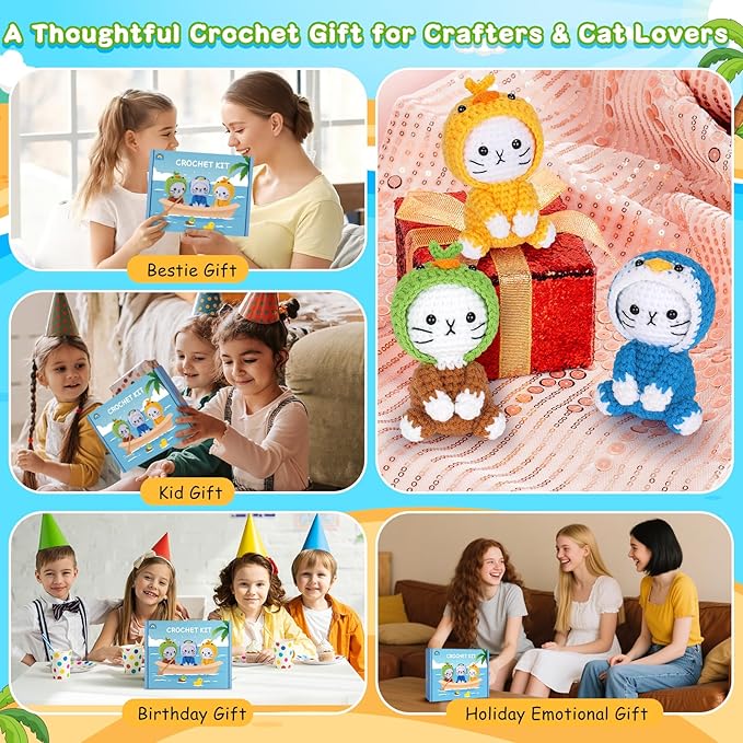 Crochet Kit for Beginners, 3 Pack Duck Cat Crochet Kits with Step-by-Step Video Tutorials, Beginner Crochet Kit for Adults Kid, Crochet Animal Kit for Starters, DIY Craft Gift for Cat Lover