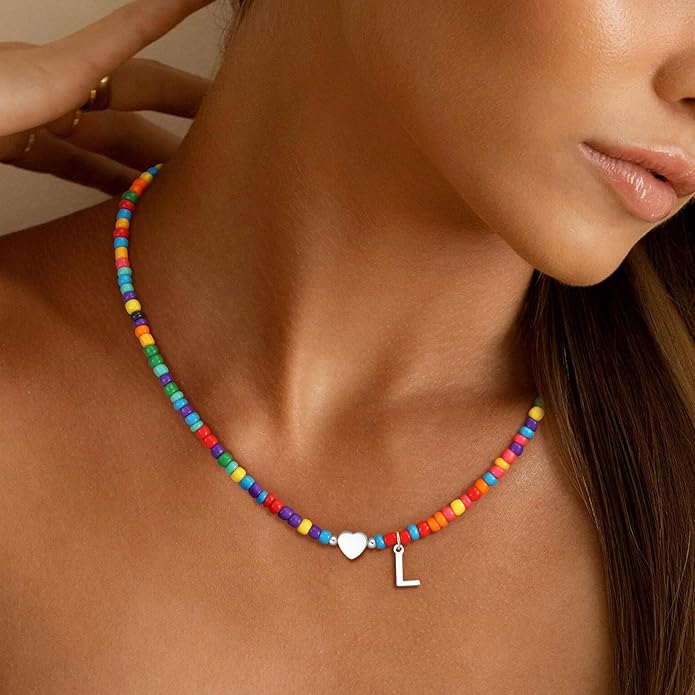 Colorful Initial Necklaces for Girls Women Kids - Teen Girls Gifts Trendy Beaded Initial Necklace Dainty Letter Gifts Choker Necklace for Girl Jewelry