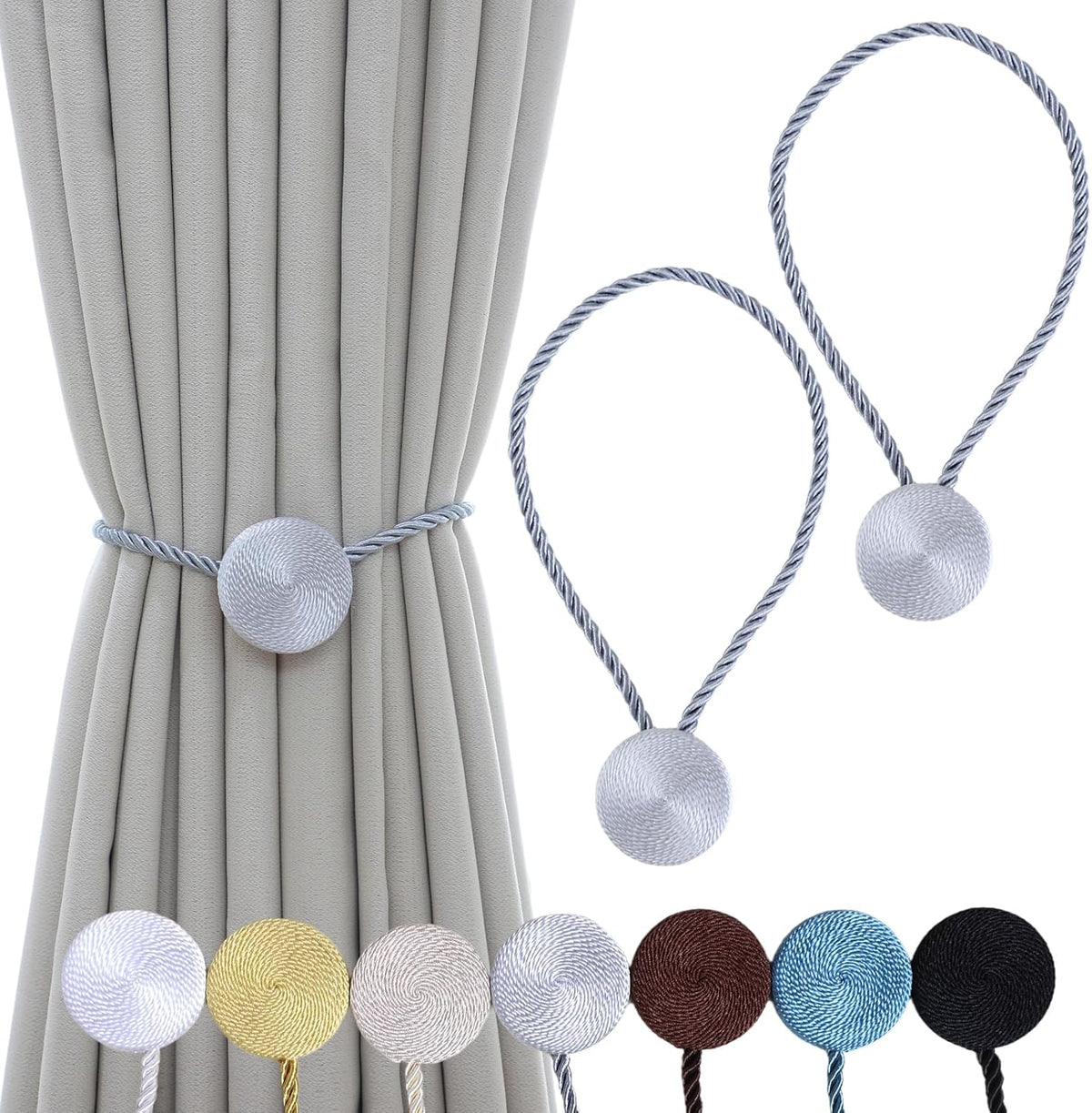 Magnetic Curtain Tiebacks - 12mm Magnetic Tie Backs for Curtains, Heavy Duty No Drill Curtain Holdbacks for Home/Office Windows Drapes, Elegant Gift-Ready Design 7 Colors (2, Gray)