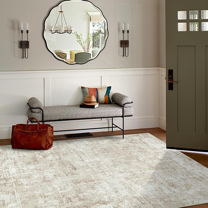 5x7 Area Rugs for Living Room Rug Washable: Modern Rug for Dining Room Bedroom Carpet Non Slip Low Pile 5 by 7 Indoor Abstract Nursery Home Office Beige