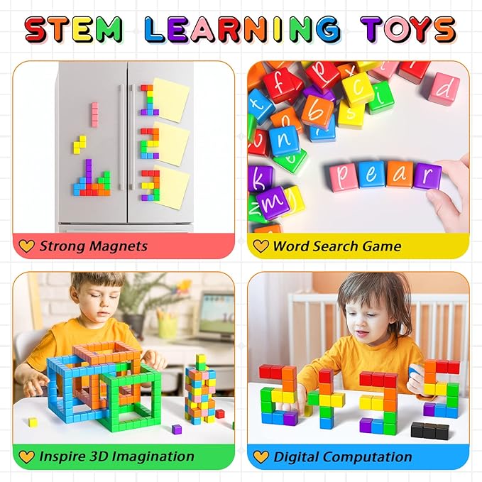 54 PCS Magnetic Blocks, Magnetic Building Blocks for Toddlers 3+, Montessori Toys, Magnet Cubes, Preschool STEM Educational Sensory Magnet Toys for Kids Ages 3-5 Year Old Boys and Girls