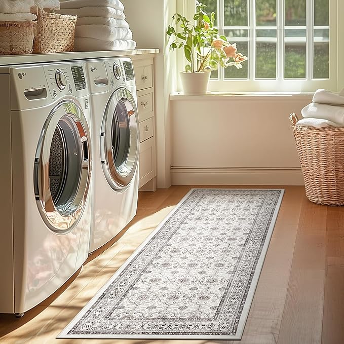 jinchan Hallway Runner Rug 2x8 - Machine Washable Beige Vintage Floral Distressed Design Soft Non-Slip Low-Pile Ultra-Thin Runner Rug for Kitchen Laundry Room Bedroom Farmhouse (2‘x8',Beige)