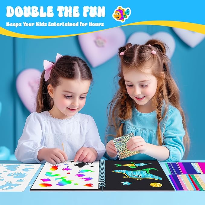 homicozy Art & Craft Activity for Kids - Foil Fun Mermaids & Scratch Art Book 2-in-1, No Mess Art Crafts for Girls,DIY Creative Activity Kit,Gifts for Girls Ages 4, 5, 6, 7, 8, 9, Travel Toys