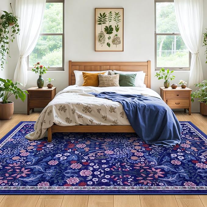 6x9 Area Rugs for Living Room: Floral Washable Rug Vintage Large Soft Boho Non-Slip Carpet Indoor Floor Stain Resistant Thin Carpets for Bedroom Dining Room Farmhouse Nursery Hallway Home Office Blue