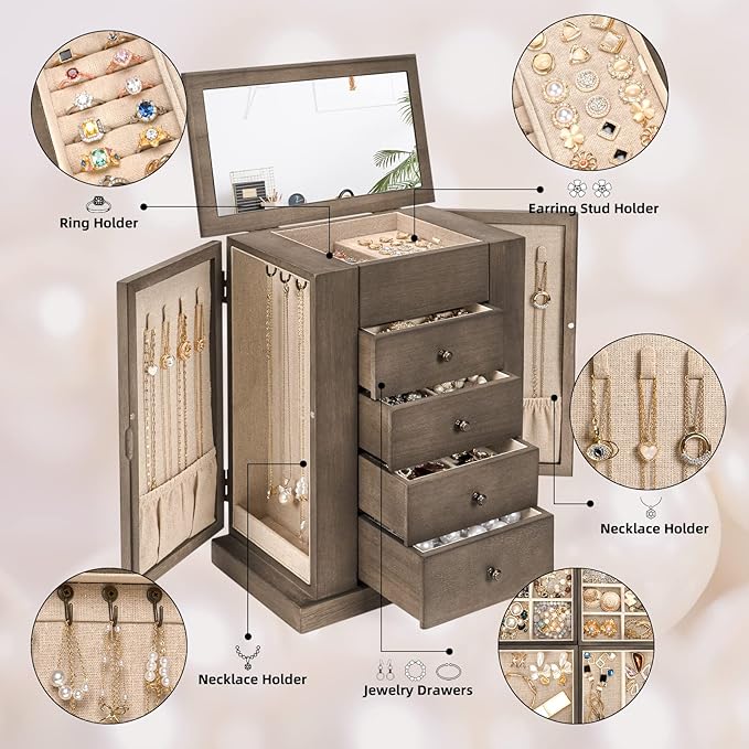 Jewelry Box for Women, 5 Layer Large Wood Jewelry Boxes & Organizers for Necklaces Earrings Rings Bracelets, Rustic Jewelry Organizer Box with Drawers and Mirror(Weathered Gray)