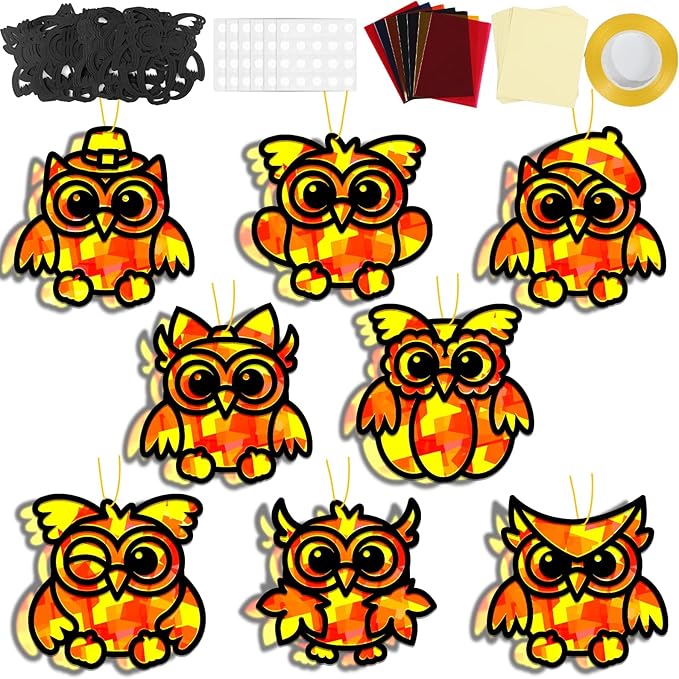 QOUBAI 32 Sets Fall Owl Suncatchers Craft Kit DIY Window Stained Glass Effect Autumn Owl Paper Crafts Home School Classroom Decoration Kid Birthday Gift Creative Art Project Activity Game