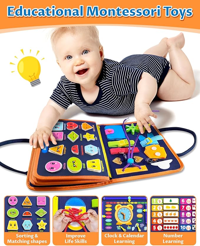Exorany Busy Board Montessori Toys for Toddler Boy & Girl Birthday Gifts, Busy Book Learning Sensory Toys for Toddlers, Toddler Travel Toy Educational Activities Learn Fine Motor Skills