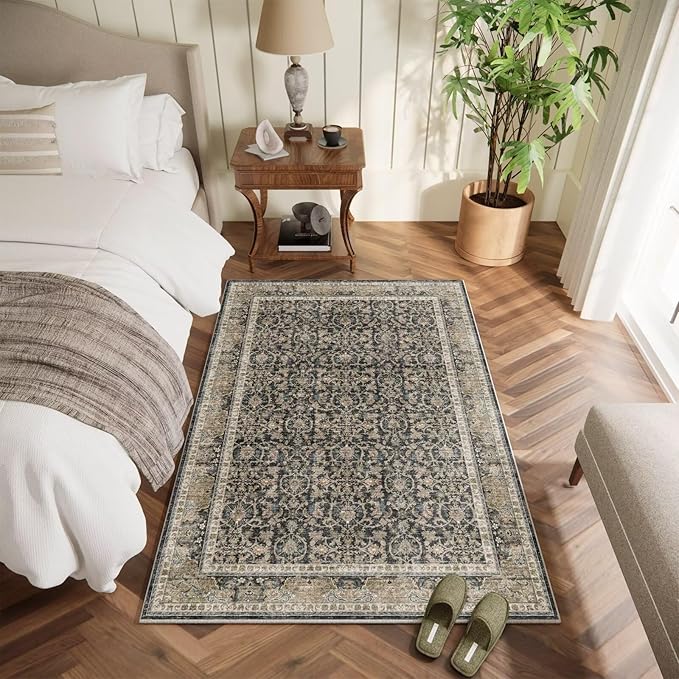 Washable 4x6 Rugs for Living Room, Boho Non-Slip Silicone Backing Small Rugs for Bedroom Nursery Office, 0.3" Neutral Oriental Throw Carpet with 0.16" Cushioning Pad, Black/Multi