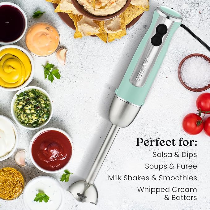 Zulay Immersion Stick Mixer Hand Blender - 800 Watts, Turbo Mode, 5-ft Power Electric Cord, Handheld Portable, Stainless Steel Blades - For Effortless Blending Smoothie, Soup, Baby Food, Puree - Aqua