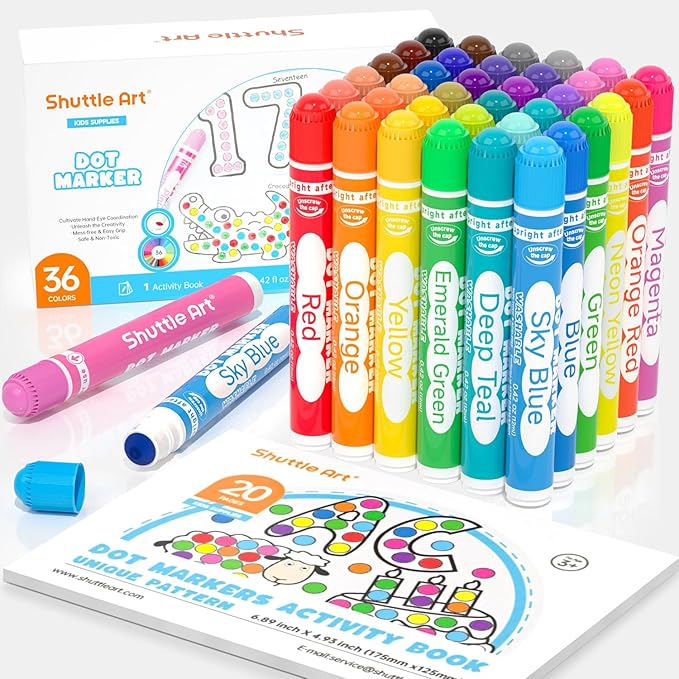 Shuttle Art Washable Dot Markers 36 Colors with Free Activity Book, Fun Art Supplies for Kids Toddlers and Preschoolers, Non Toxic Water-Based Paint Daubers, Dot Art Markers
