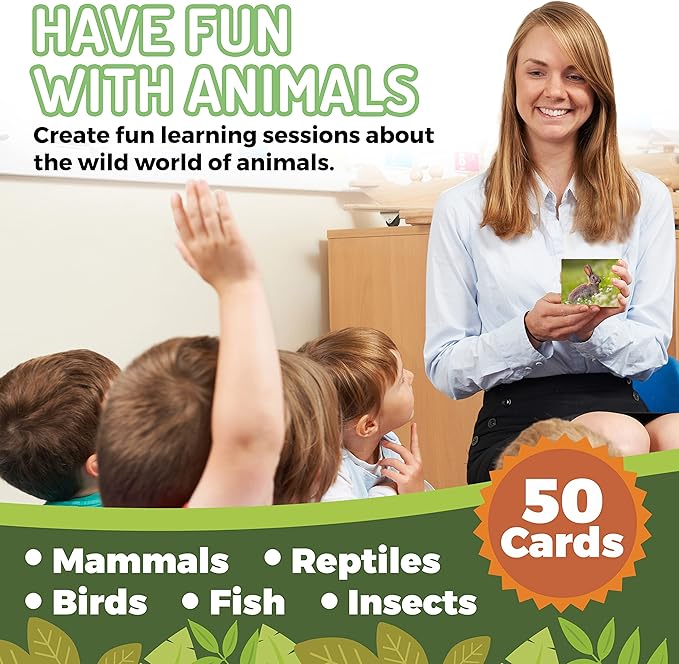 50 Animal Flash Cards - Realistic Photo Cards - Fun Vocabulary Builder for Autisim, Speech Therapy, ESL, Occupational Therapy - Montessori Educational Games for Preschool Kids Learning Activity