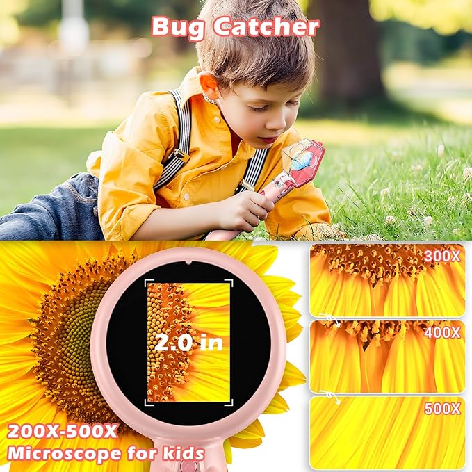2 in 1 Kids Microscope with Bug Catcher,HD 500X Digital Microscope for Kids with 2" Screen,Photo and Video,STEM Educational Science Kit Learning Toys for Age 3-12 Girls & Boys Birthday Gifts (Pink)