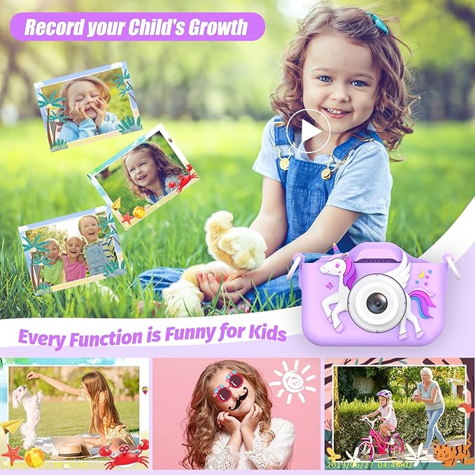 Upgrade Unicorn Kids Camera for Girls, Christmas Birthday Gift for Boys, 1080P HD Selfie Digital Video Camera for Toddlers, Cute Portable Little Girls Boys Gifts Toys for 3 4 5 6 Years Old