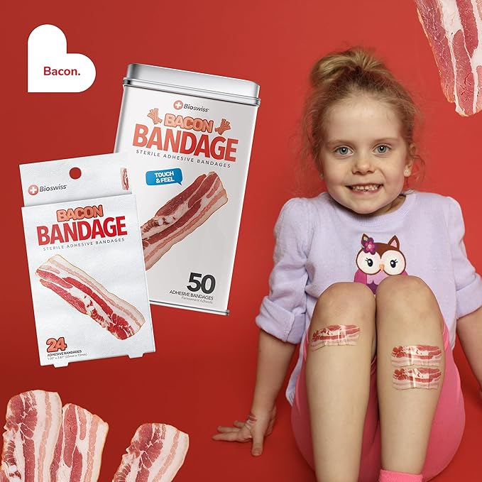 BioSwiss Bandages, Bacon Shaped Self Adhesive Bandage, Latex Free Sterile Wound Care, Fun First Aid Kit Supplies for Kids, 50 Count